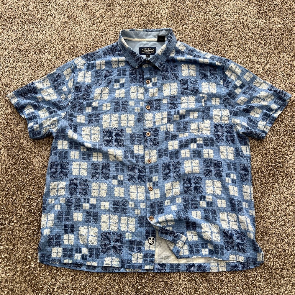 Nat Nast Shirt Mens XL Blue Geometric Silk Blend Short Sleeve Soprano Hawaiian
